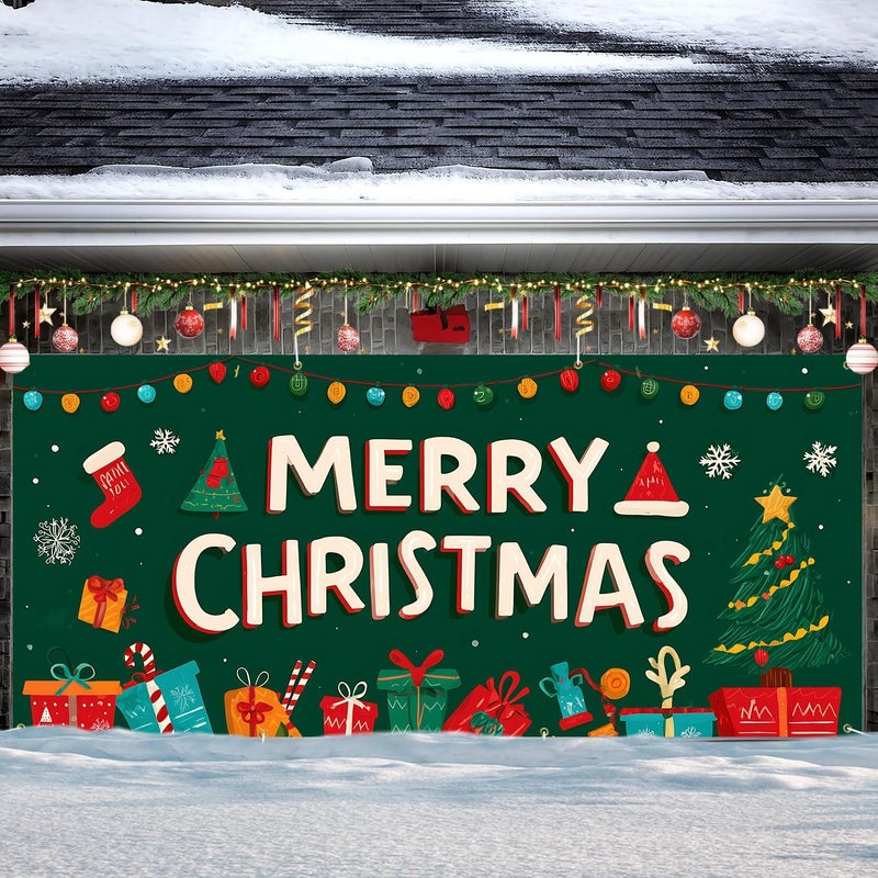 ANNA QUEEN Merry Christmas Gift & Tree Garage Door Banner 6 x 13FT, Holiday Greetings Outdoor Garage Decoration for Parties Home Decor - Image 2